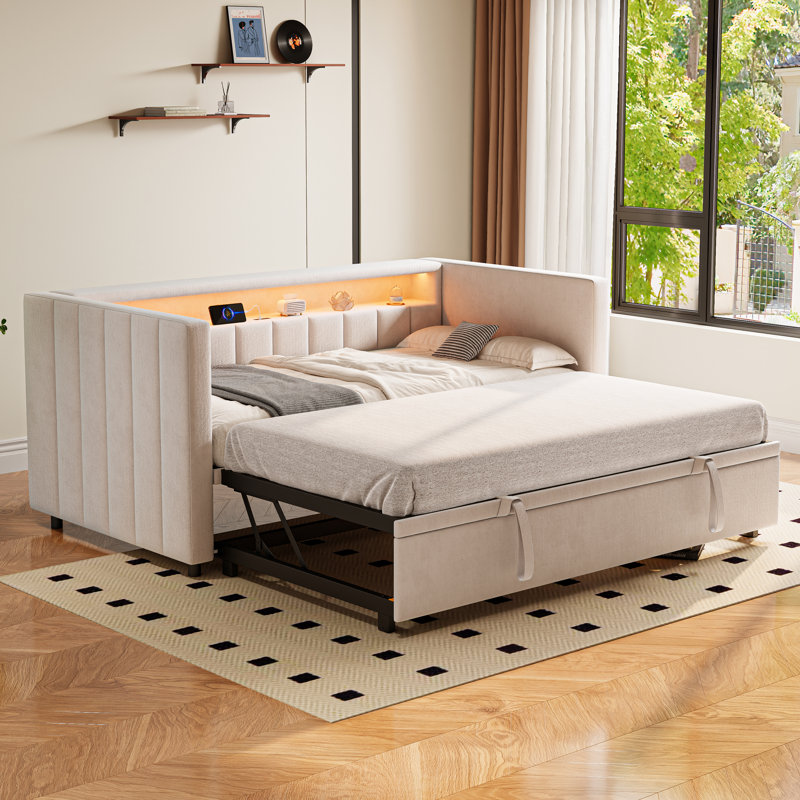Upholstered Daybed with Trundle, Beige