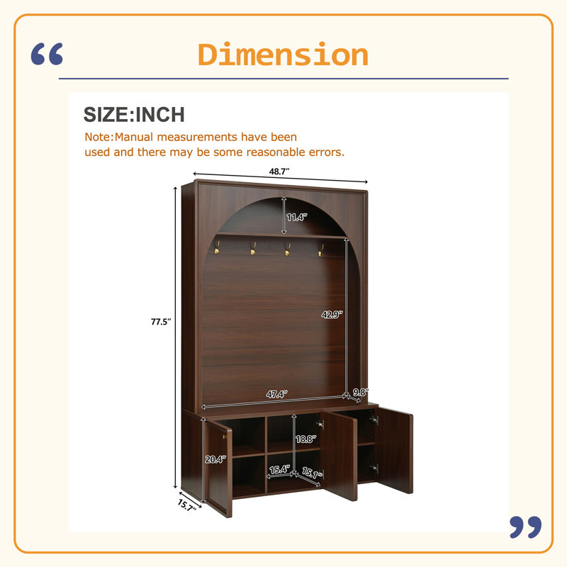 Farmhouse All-In-One Hall Tree With Adjustable Shelves, Retro Arched Entryway Storage Bench With 3 Cabinets, Wooden Coat Rack Organizer With 4 Golden Hooks For Mudroom, Hallway