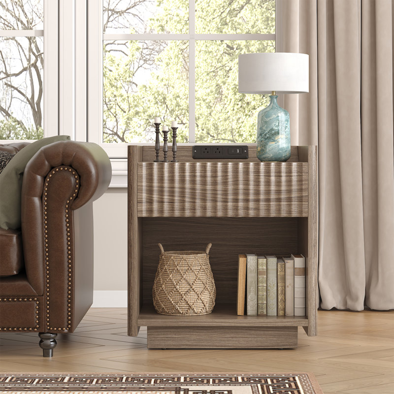 Fluted Nightstand with Charging Station, 22" Modern Side Table with Drawer End Table with Open Storage, Bedside Table for Bedroom, Living Room, Walnut
