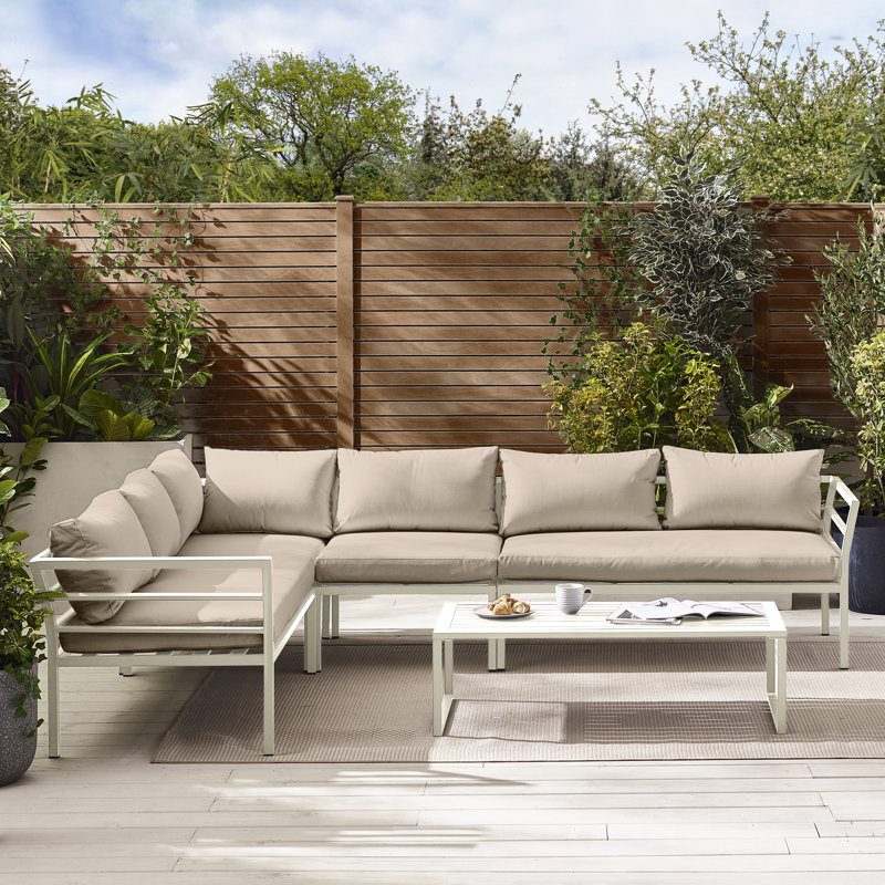 Alanzo Outdoor 6 Seater Corner Sofa And Coffee Table - Minimalist Modern Style (Cover Included), White