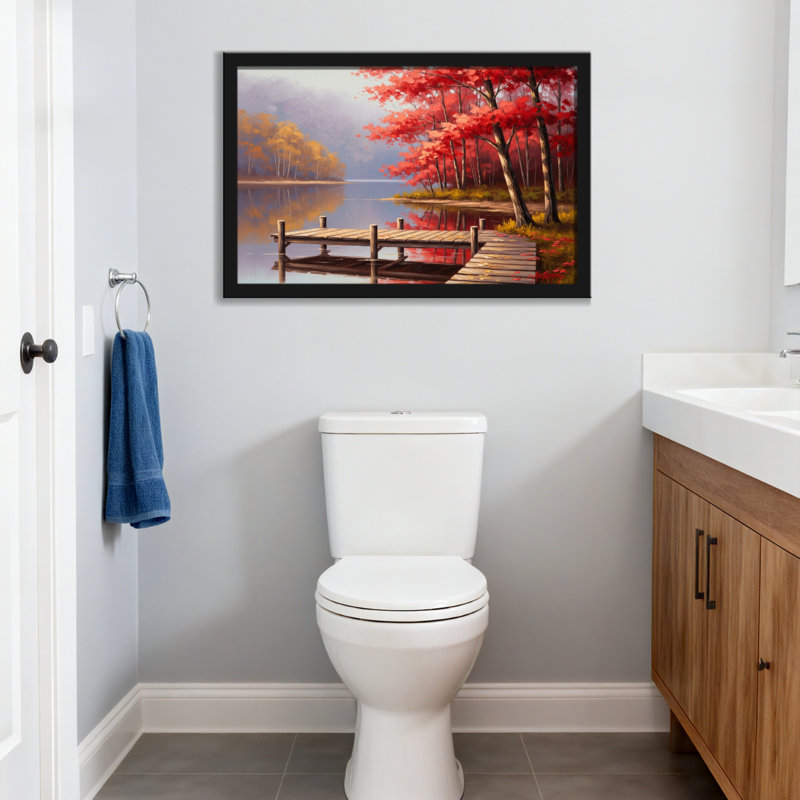 Plantes et fleurs, automne, lac, quai, arbres rouges, reflet, scène paisible, H 12 po x l 18 po, Toile tendue
