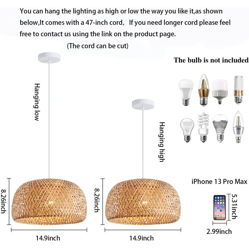 Luminaire suspendu en bambou tissé à la main - Lustre en rotin naturel pour îlot de cuisine, salle à manger et plafond de chambre à coucher - Luminaire suspendu réglable certifié UL avec douille E26