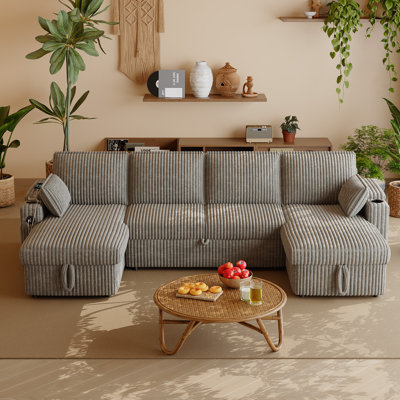 104''W U Shaped Corduroy Sectional Sofa With Storage Chaises And Pull Out Bed