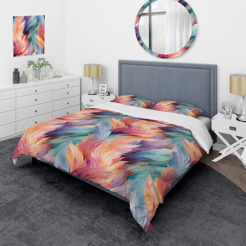 Ensemble de housse de couette pêche et vert, Housse de couette pour grand lit et 2 taies décor