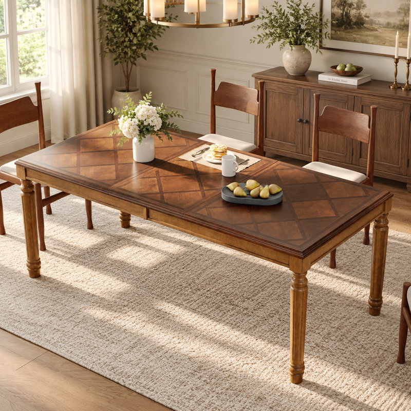 Table de salle à manger rectangulaire traditionnelle de 200 cm (79 po) avec pieds en bois massif tourné et plateau en parquet