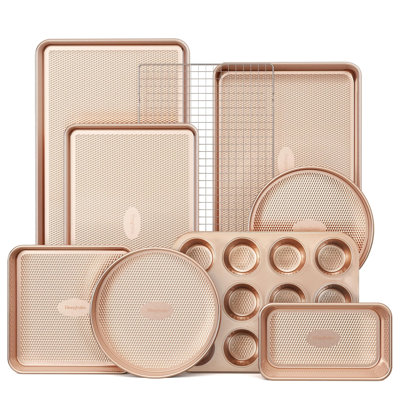 Ensemble de 9 plats de cuisson antiadhésifs 9 pièces, plaques de cuisson empilables à texture de diamant non toxique, comprend une plaque à biscuits avec support, un moule à gâteau, un plat à rôtir et un moule à muffins