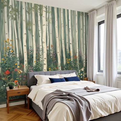 Peel and Stick Wallpaper Birch Forest Greenery Colorful Foliage Wall Murals 100"H x 144"W Removable PVC Wall Paper Self-Adhesive Wall Decor for Bedroom Living Room Home Office