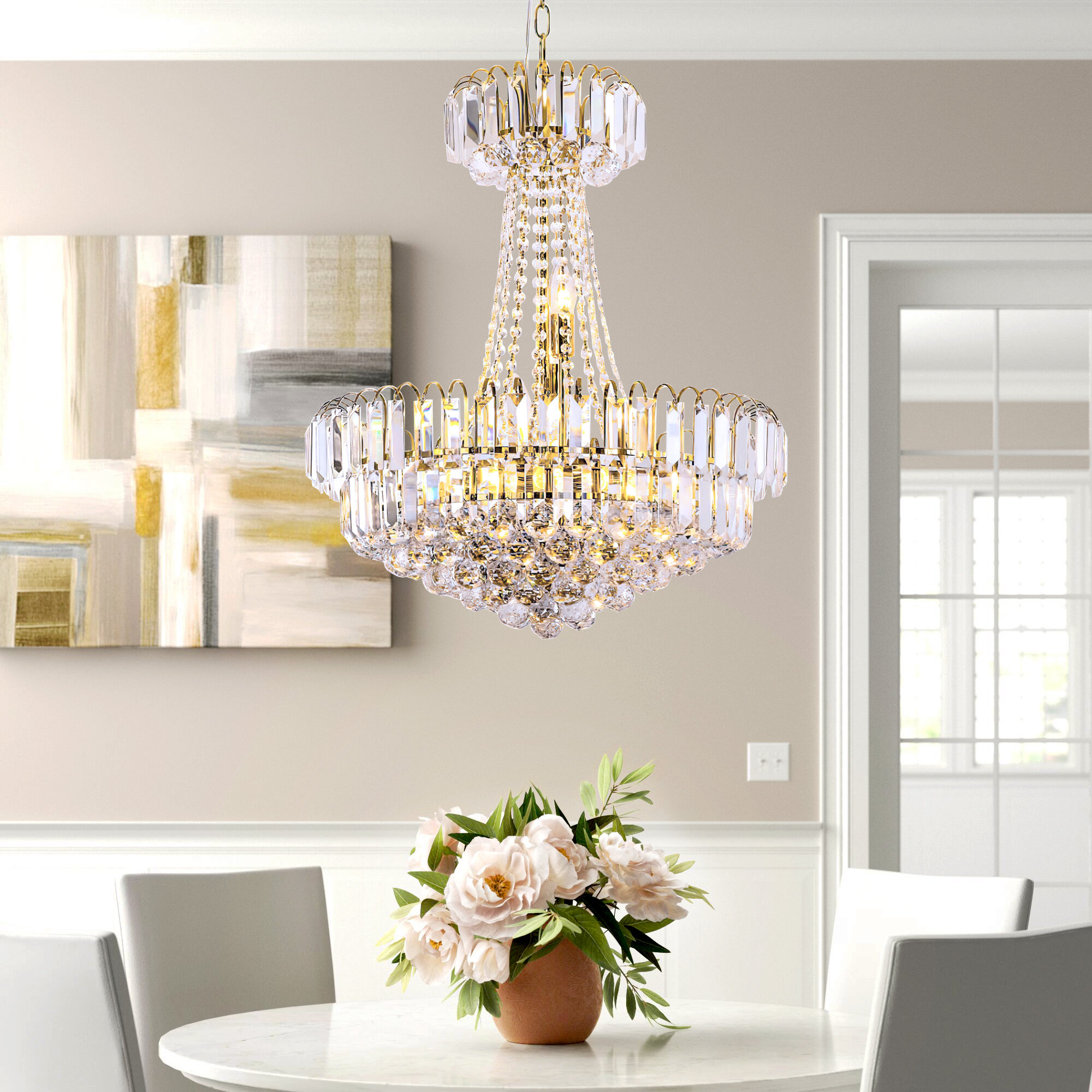 10-bulb drum brass chandelier with long crystal U-drop prisms