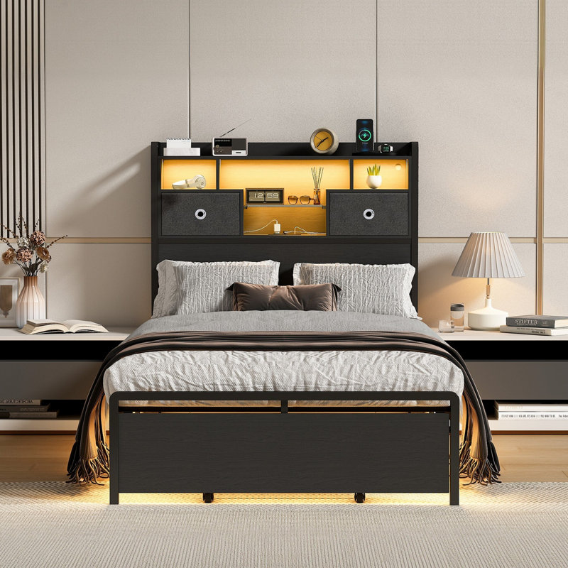 Takhari Bed Frame with Bookcase Headboard and 2 Storage Drawers, Metal Platform Bed with RGB LED Lights, Twin