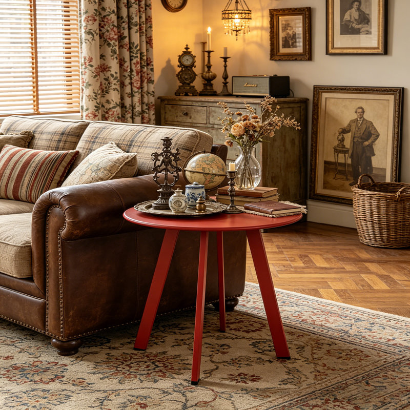 Table d'appoint ronde moderne, petite table d'appoint décorative avec 4 pieds en angle, table basse compacte pour salon, chambre à coucher, balcon, patio, rouge