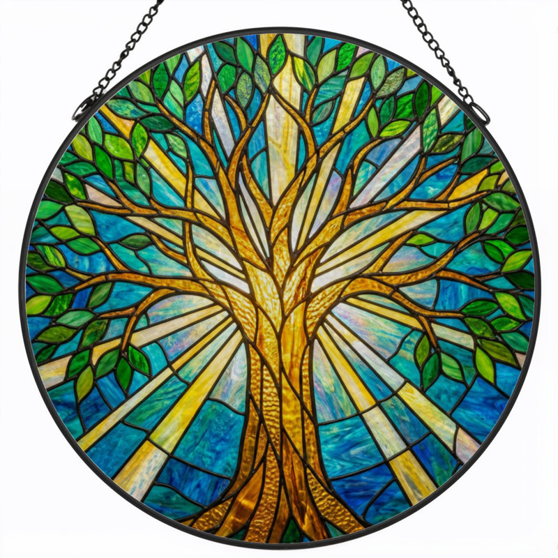 12"H Tree Of Life Stained Glass Window Panel, 12" H x 12" W