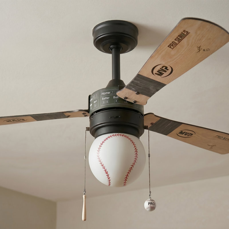 Prominence Home Grand Slam 48" Matte Black Baseball Ceiling Fan with Integrated Light and Pull Chains