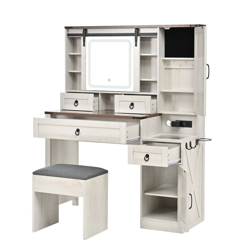 Bureau de coiffeuse avec miroir coulissant et lumières Farmhouse, Blanc