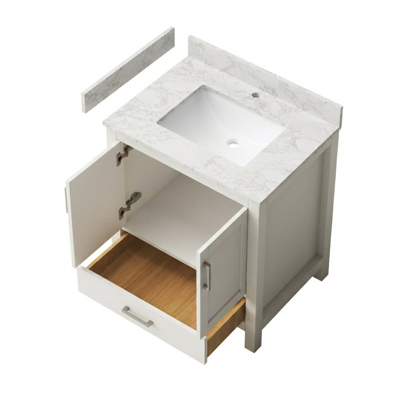 Ensemble de meuble-lavabo 30 po avec comptoir en granite, armoire en bois massif avec lavabo simple blanc