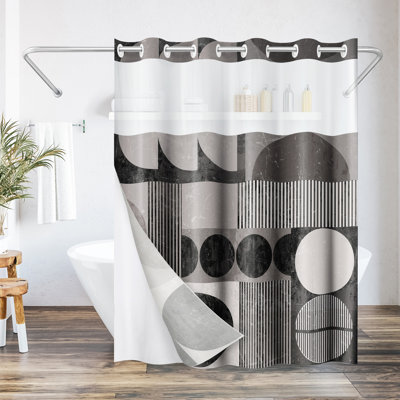 72X75 Hookless Shower Curtain - Abstract Shower Black Grey Curtain With Sheer Panel, Snap-In Liner, And Grommets