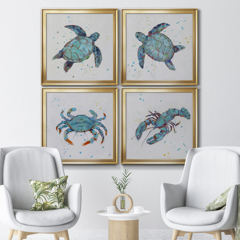 «Bubble Blue Turtle I», ensemble de 4 peintures sur toile encadrées, H 30,5 po x l 122 po x P 1,5 po, Toile avec cadre noir