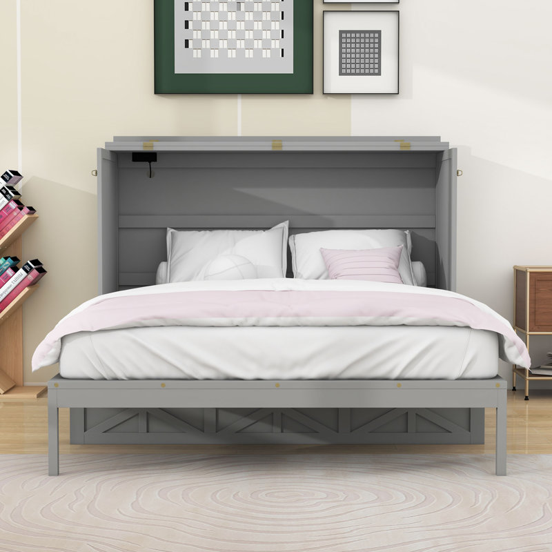 Grand lit escamotable en bois avec ports USB et tiroir, Gris brossé