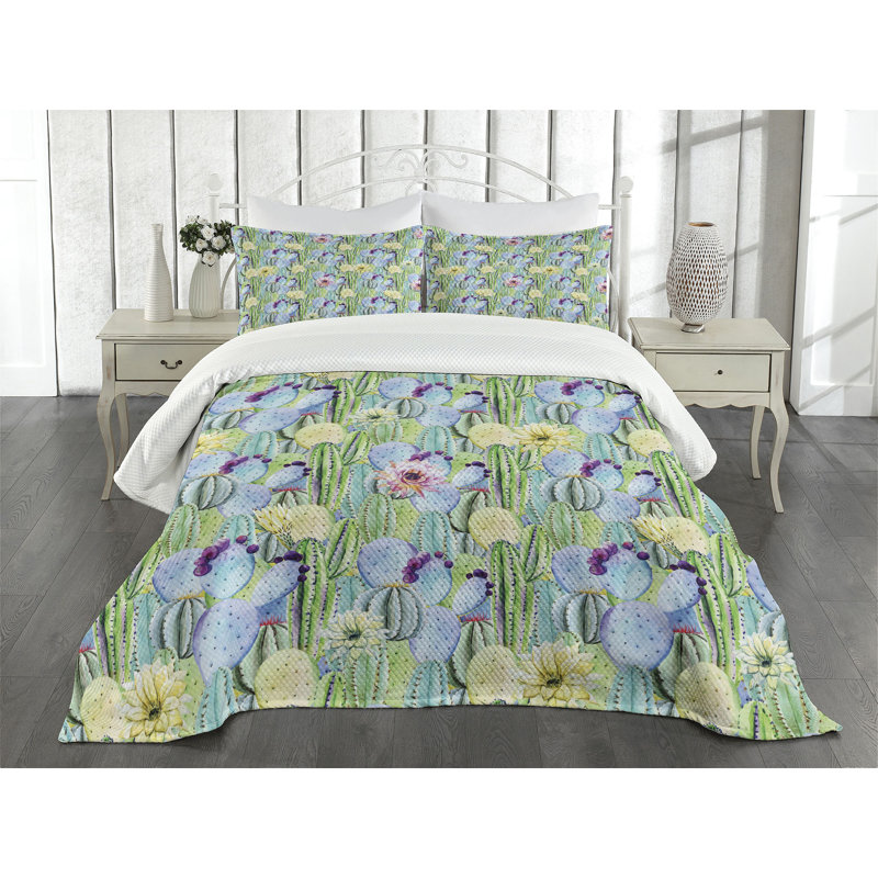 Ambesonne Plant Bedspread Set Cactus Buds Types Pattern Green and Blue, King Bedspread + 2 Standard Shams
