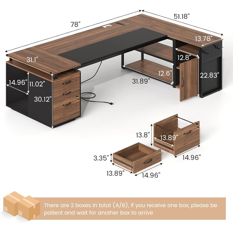 78" Executive Desk With Lockable File Cabinet, L Shaped Office Desk With Power Outlets, Privacy Screen, Walnut,  Walnut 