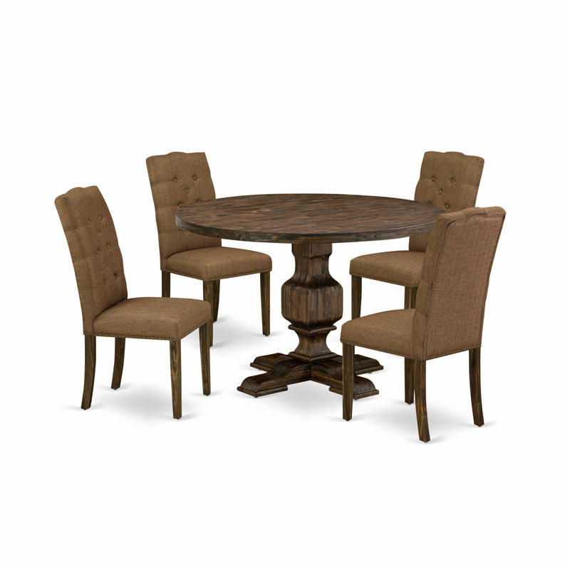 5 Piece Modern Dining Table Set Includes a Round Wooden Table with Pedestal and 4 Brown Linen Fabric Upholstered Chairs, Distressed Jacobean