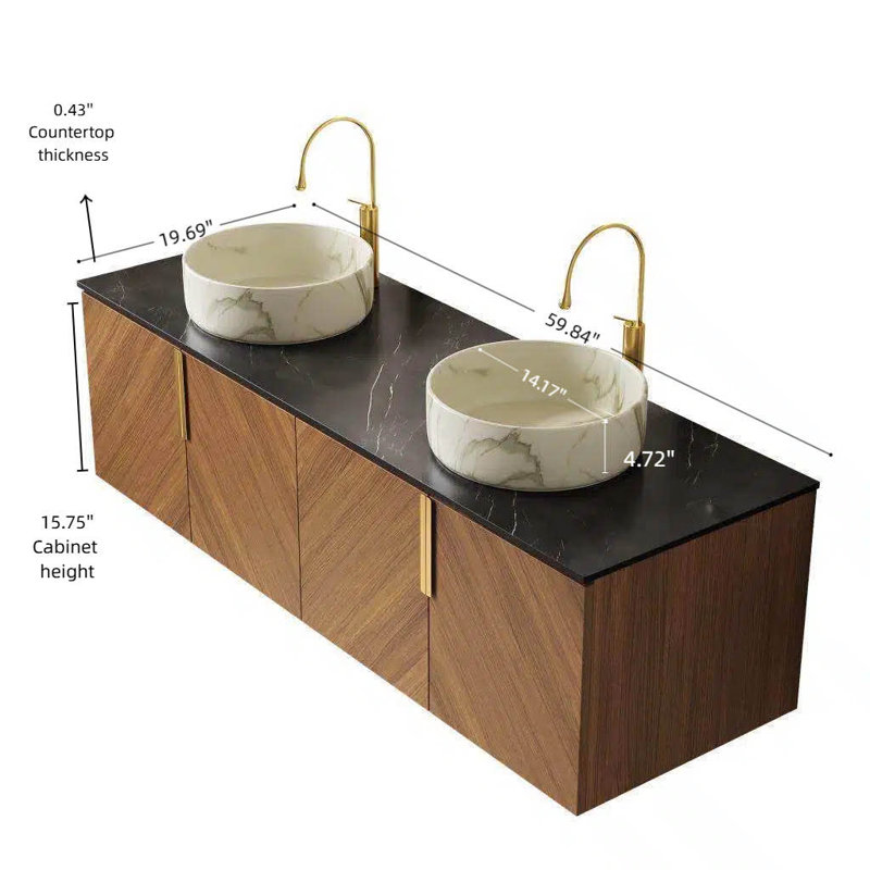 Floating Vanity with Vessel Sink, White/Gray Ceramic, 60", Round