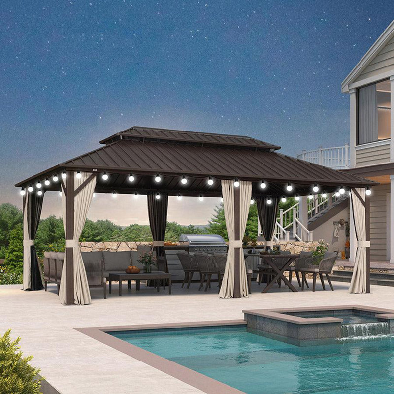 Aluminum Patio Hardtop Bronze Gazebo With Light, 79.10" H x 222.44" W x 131.88" D