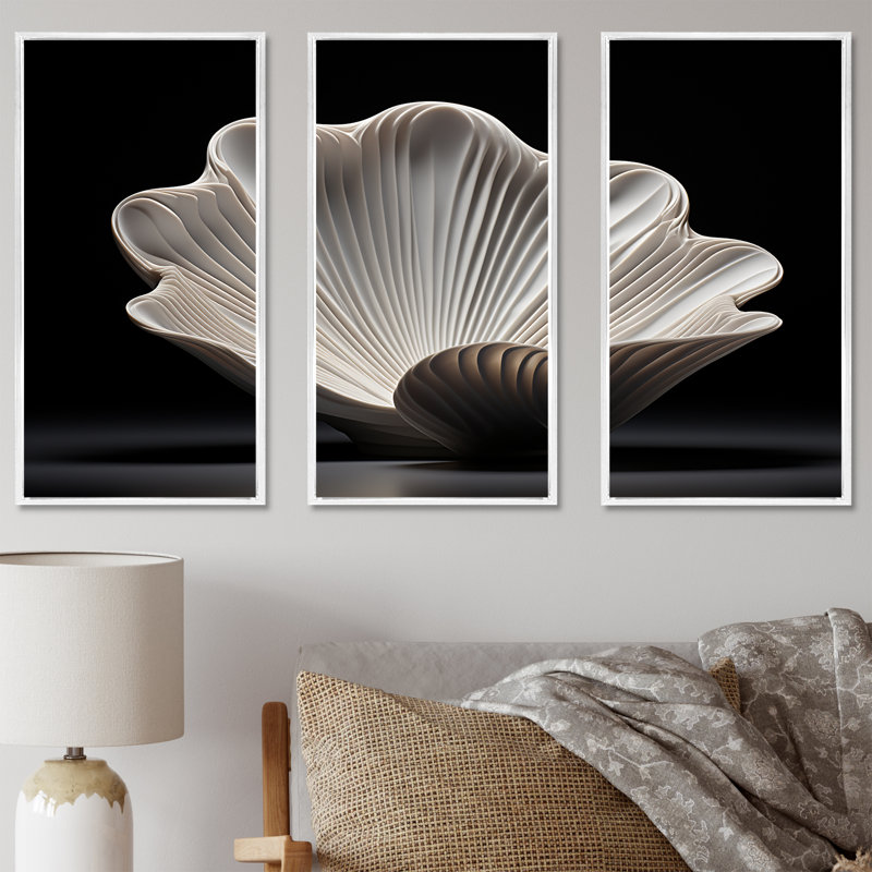Ensemble de décorations murales monochromes palourdes gris anthracite, H 28 po x l 36 po x P 1 po, Cadre flottant blanc