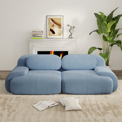 Modern Sky Blue Corduroy Modular Loveseat Sofa with Wide Seats for Living Rooms