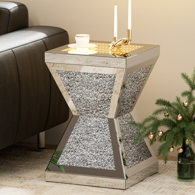 Mirrored End Table with LED Light and Large Tabletop, Silver Crushed Diamond Side Table with Irregular Base for Living Room, Bedroom and Office, Remote Control Included