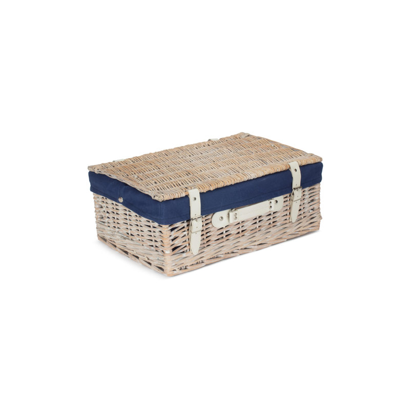 Wicker Hamper Basket with Lining, 19cm H x 46cm W x 30cm D, White/Navy Blue