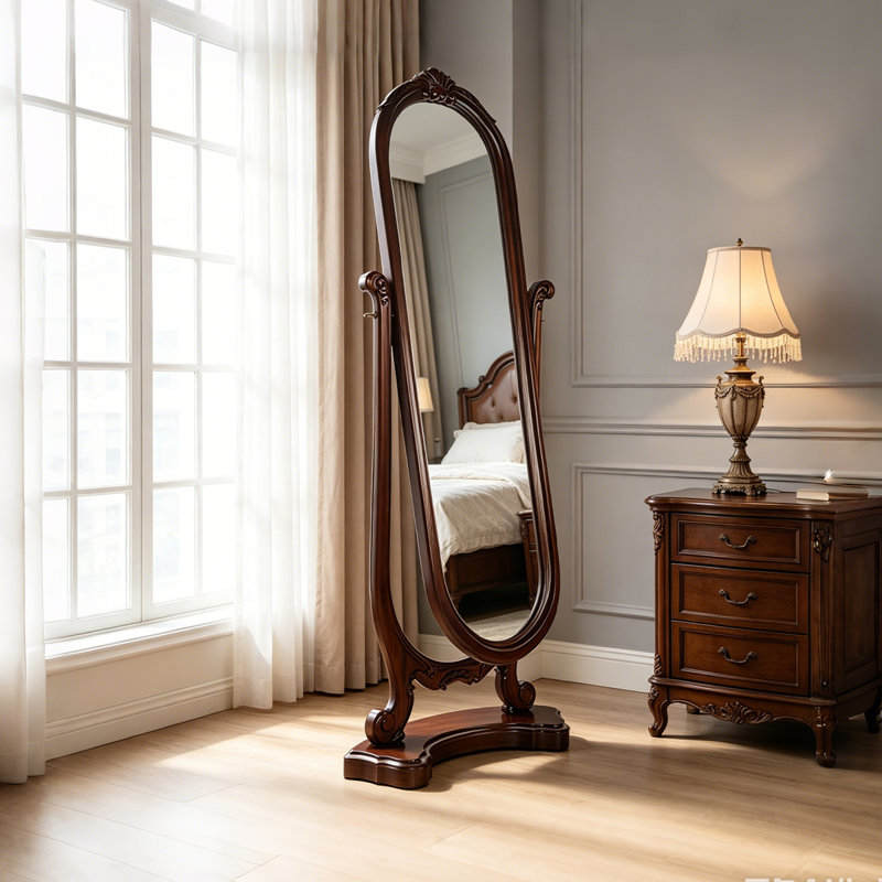 66.93"Special-shaped glass mirror surface, brown mahogany frame dressing mirror