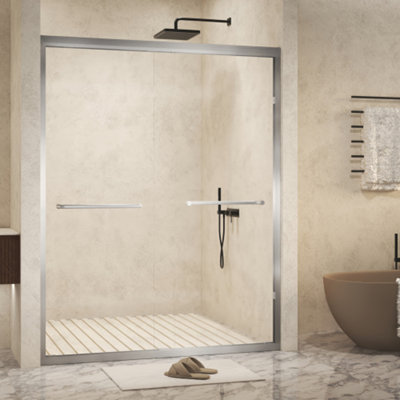 56-60 in. x 72 in. Double Sliding Shower Door - 1/4 Inch Tempered Glass with Explosion Proof Film, Aluminum Frame, Stainless Steel Handle