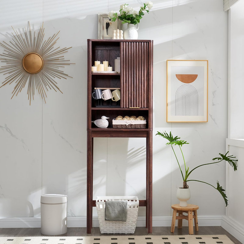 Armoire de rangement autoportante au-dessus de la toilette avec porte coulissante cannelée Riccio, Noyer