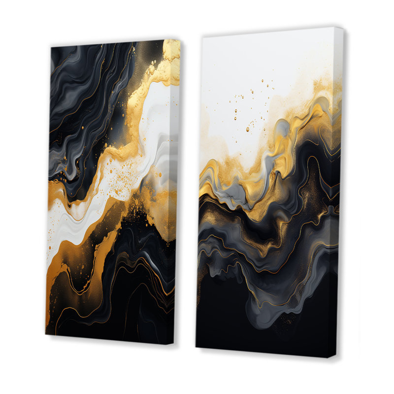 Or et marbre noir Essence I - ensemble de 2 reproductions d'art sur toile, Toile tendue, H 28 po x l 25 po