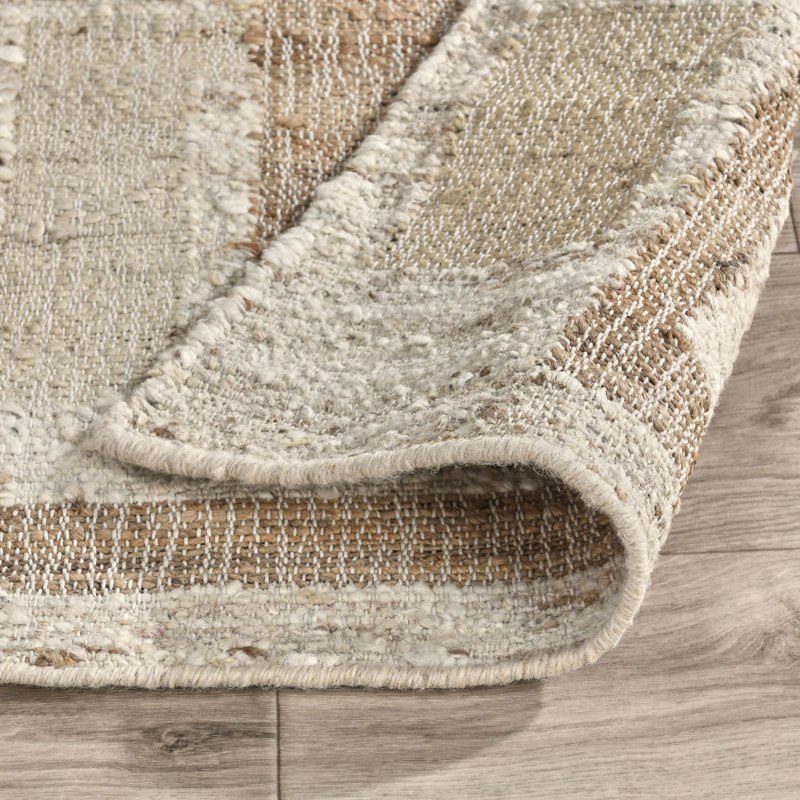 Ivory and Beige Handwoven Wool and Cotton Runner Rug