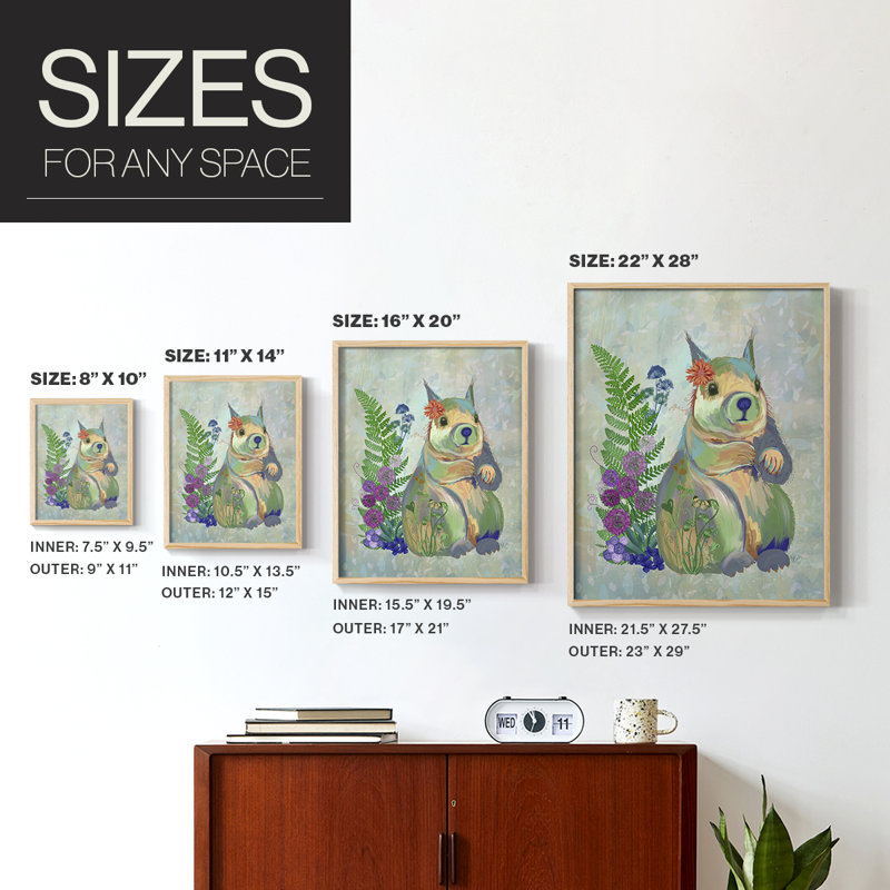 Fantastic Florals Squirrel Framed Print - Solid Wood, 21" H x 17" W