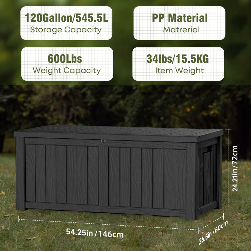 Boîte de rangement extérieure en résine imperméable et verrouillable 120 gallons, Noir