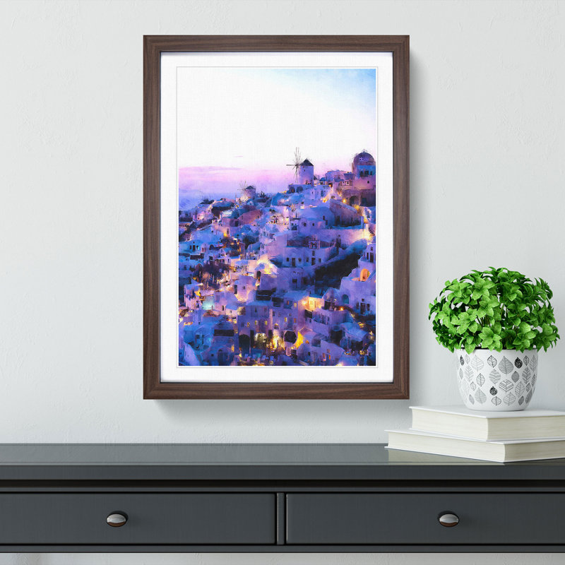 The Oia Santorini Skyline in Greece - Picture Frame Painting Print, 63cm H x 45cm W x 2cm D, Walnut Framed