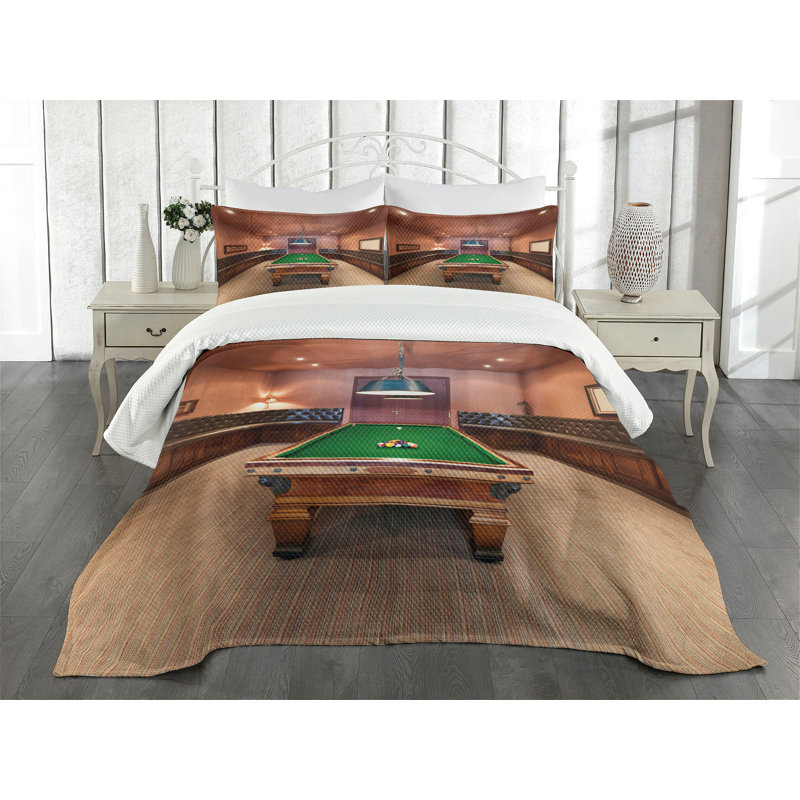 Ambesonne Modern Bedspread Set Pool Table Billiard Cinnamon Brown Green, King Coverlet/Bedspread + 2 Pillow Shams