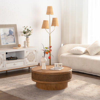 Table basse ronde de 31,5 po avec couvercle rabattable - corde de chanvre et rotin, de style rétro naturel, pour la salle à manger, la cuisine et le salon, naturel