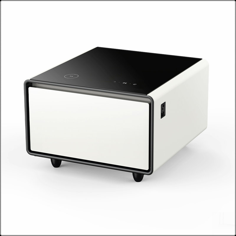 Table d'appoint moderne et intelligente avec réfrigérateur intégré, charge sans fil, contrôle de la température, prise de courant