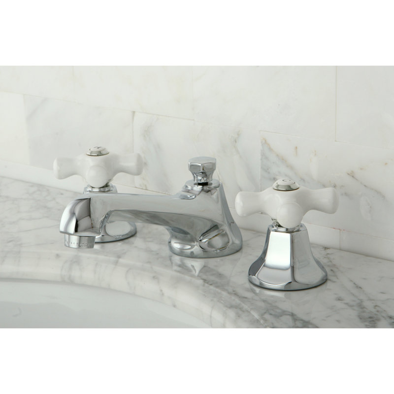 Kingston Brass Metropolitan Two-Handle 3-Hole Deck Mount Widespread Bathroom Faucet with Brass Pop-Up Drain, Polished Chrome