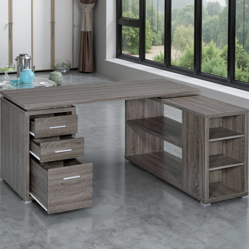 Bureau d'ordinateur transitionnel à 3 tiroirs en forme de L avec plusieurs tiroirs et classeur intégré, Gris