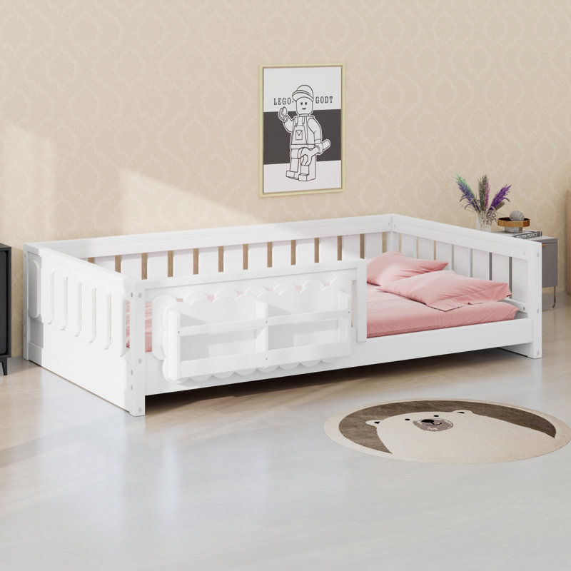 Lit plateforme avec barrière de sécurité et tablettes de rangement, Lit simple, Blanc