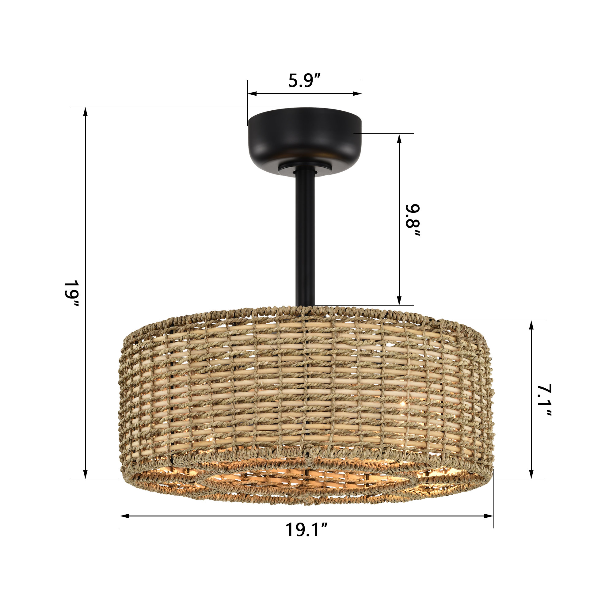 19.1" Farmhouse Remote Control Reversible Black Rattan Caged Downrod Mount Flush Mount Ceiling Fan With Lighting Kits For Living Room/Bedroom