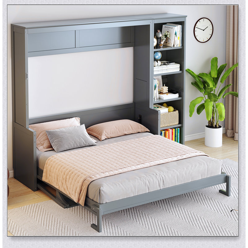 Murphy Bed With Desk And Bookshelf, Grand lit, Gris