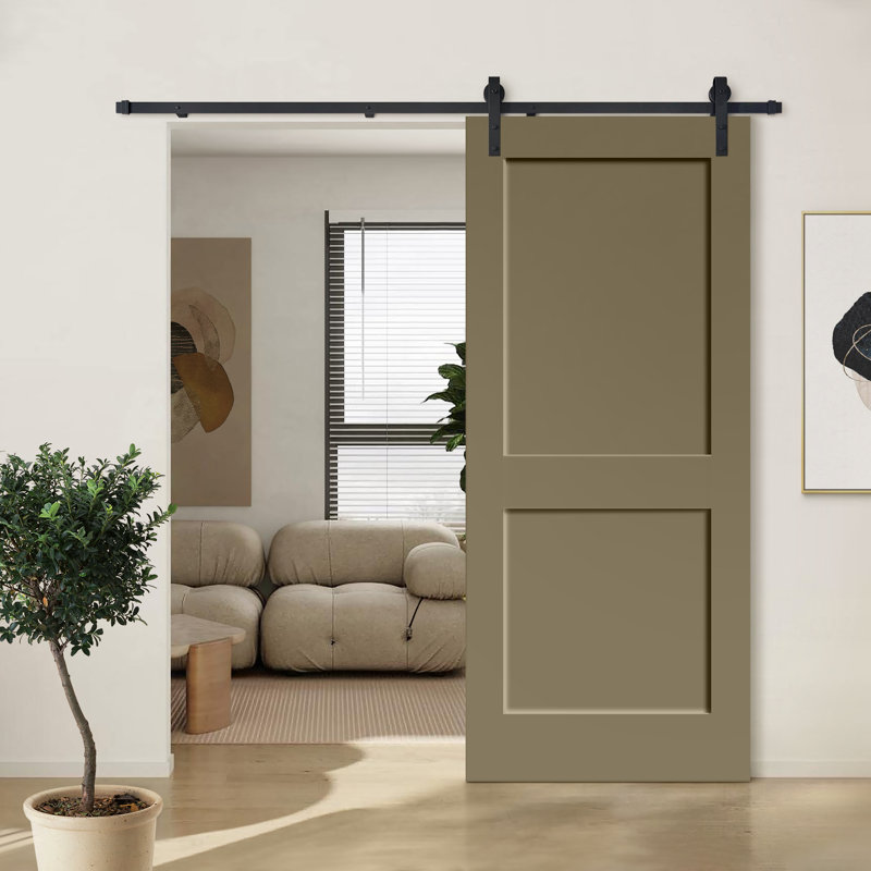 Porte de grange coulissante moderne en composite peint à 2 panneaux avec ensemble de quincaillerie, 24 po x 80 po, Vert olive