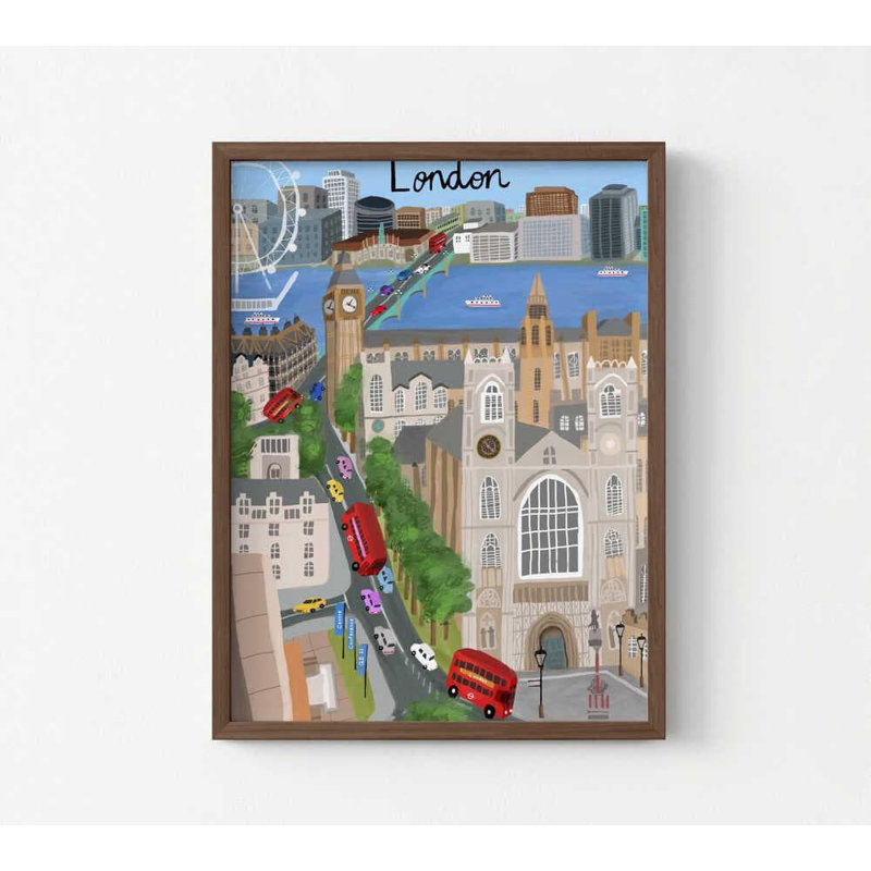 Illustration de Londres, art moderne de la ville et bus rouge, H 16 po x l 12 po, Impression encadrée sans passe-partout