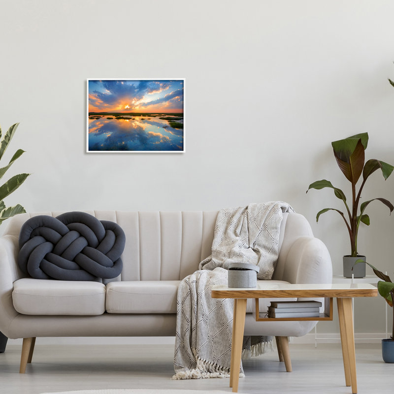 Coastal Lagoon Pond Sublime Orange Blue Sunset Sky, H 20 po x l 16 po, Giclée encadrée blanc bord de mer
