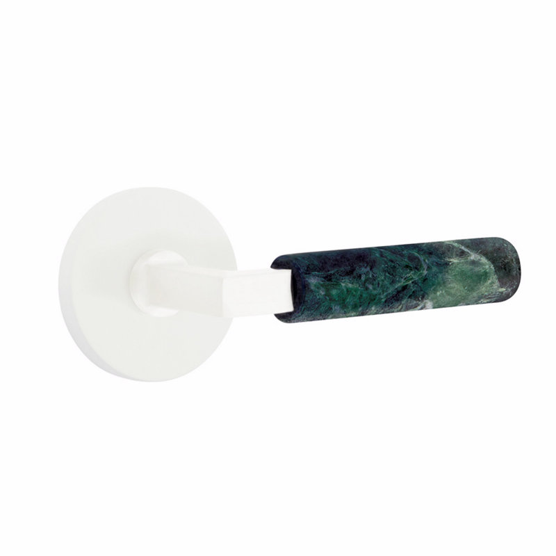 Ensemble de leviers d'intimité Emtek Select, rosette à disque, tige carrée en L, poignée en marbre vert, CF, Blanc mat